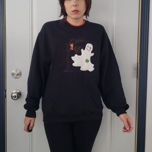 Black‎ Ghost and Owl Halloween Crew Neck Sweatshirt